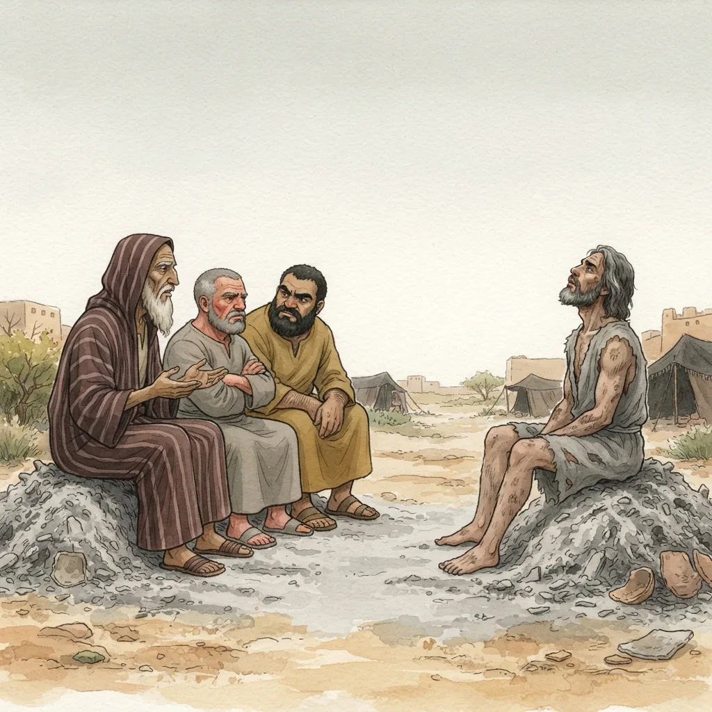 Miserable Comforters: a painted scene illustrating Job 16.