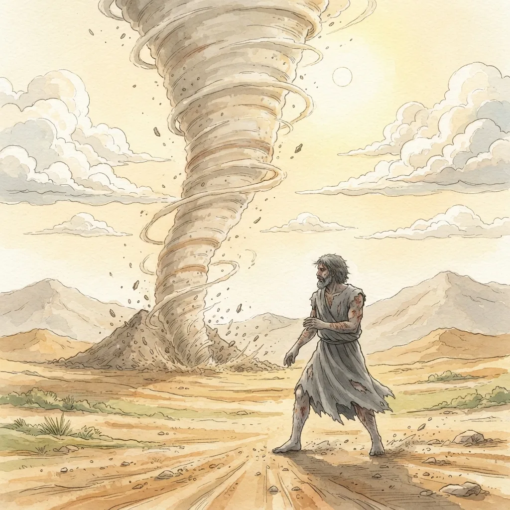 God Answers from the Whirlwind: a painted scene illustrating Job 38.