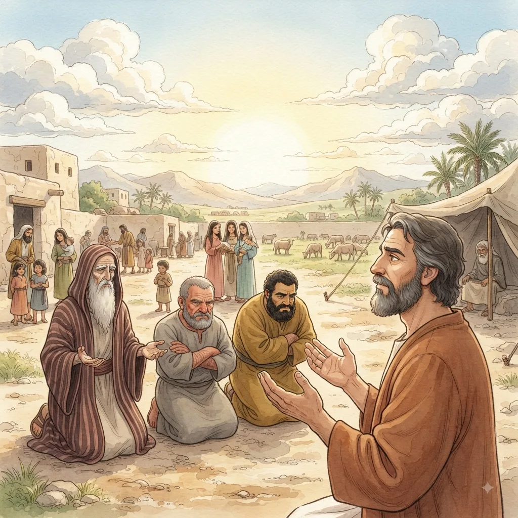 Job Repents and Is Restored: a painted scene illustrating Job 42.