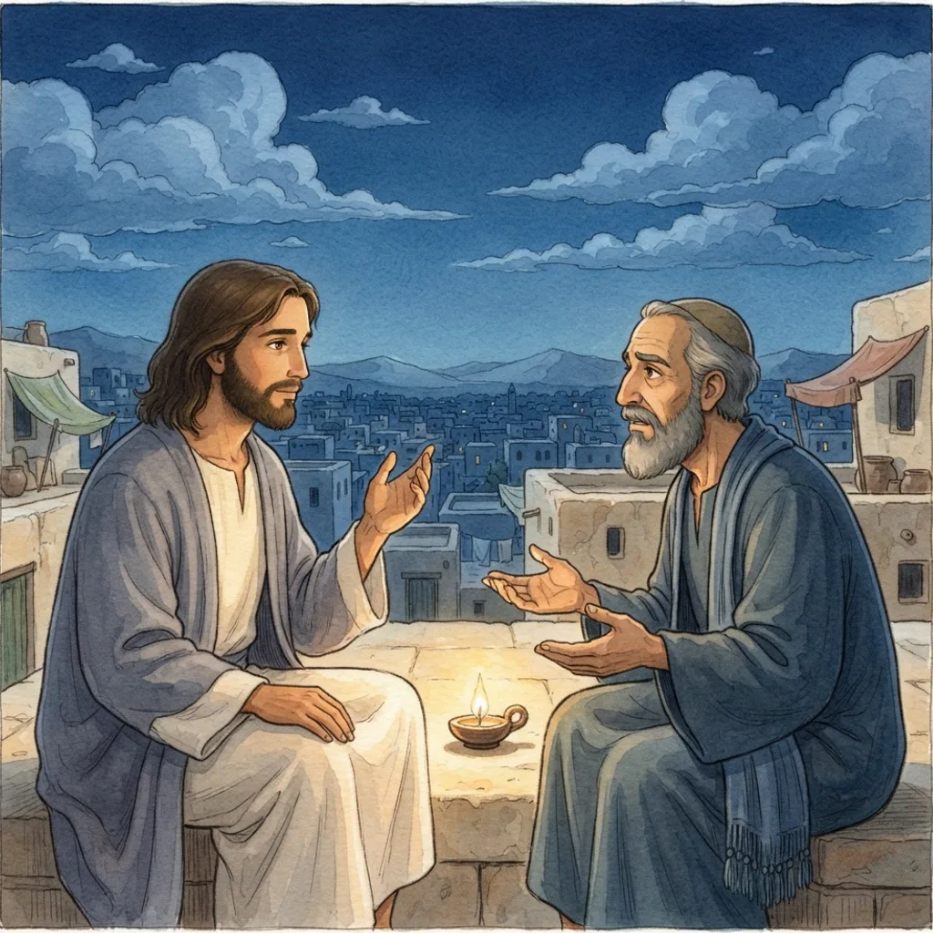 You Must Be Born Again: a painted scene illustrating John 3.