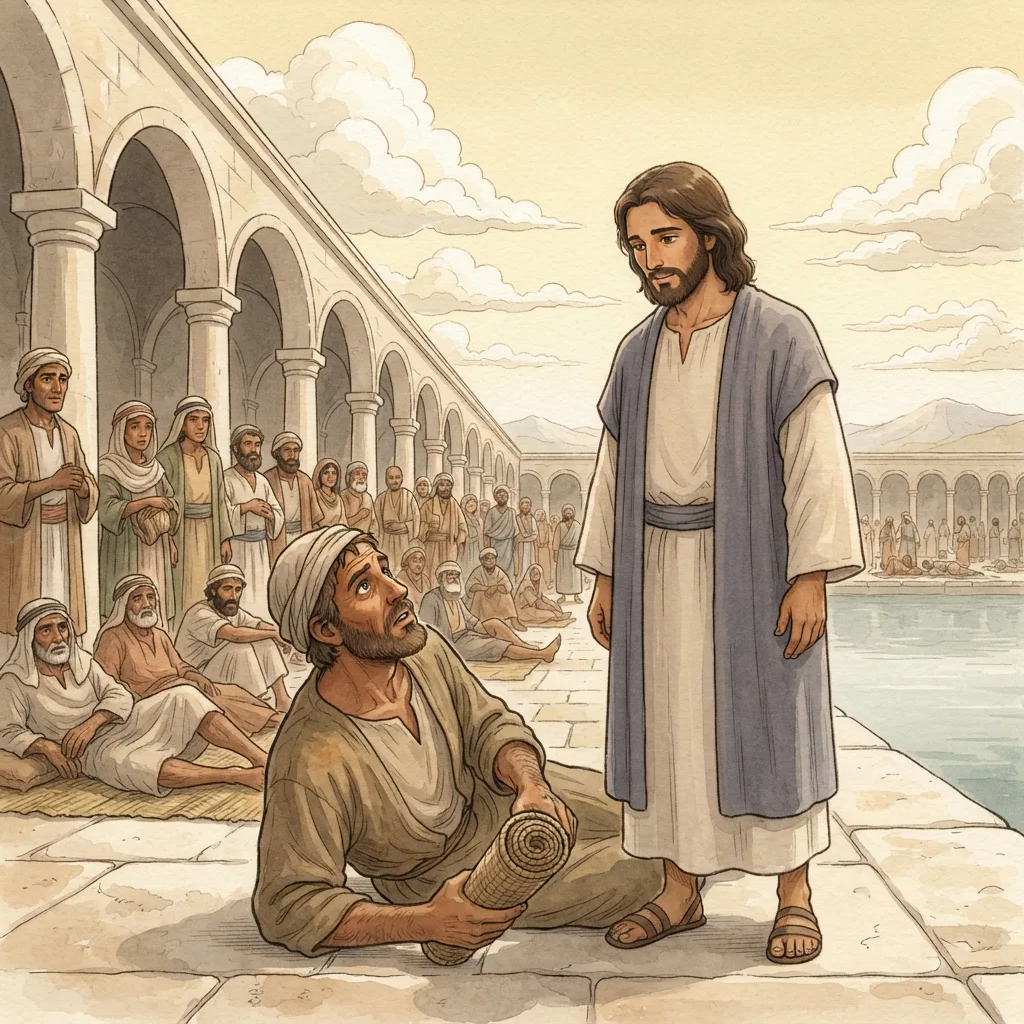 The Son Gives Life: a painted scene illustrating John 5.