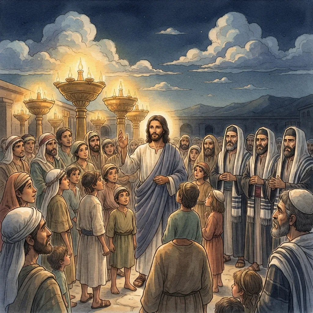 The Light of the World: a painted scene illustrating John 8.