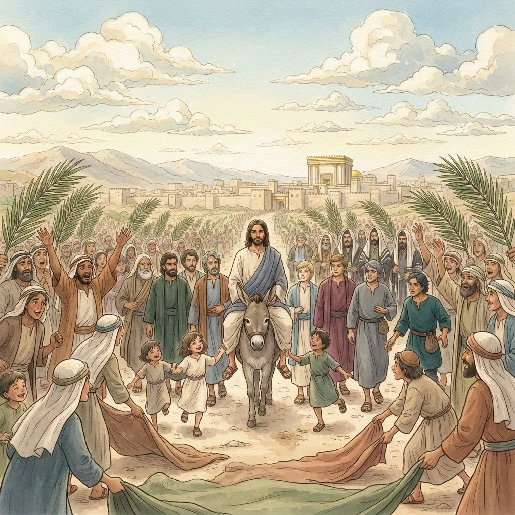The King Enters Jerusalem: a painted scene illustrating John 12.