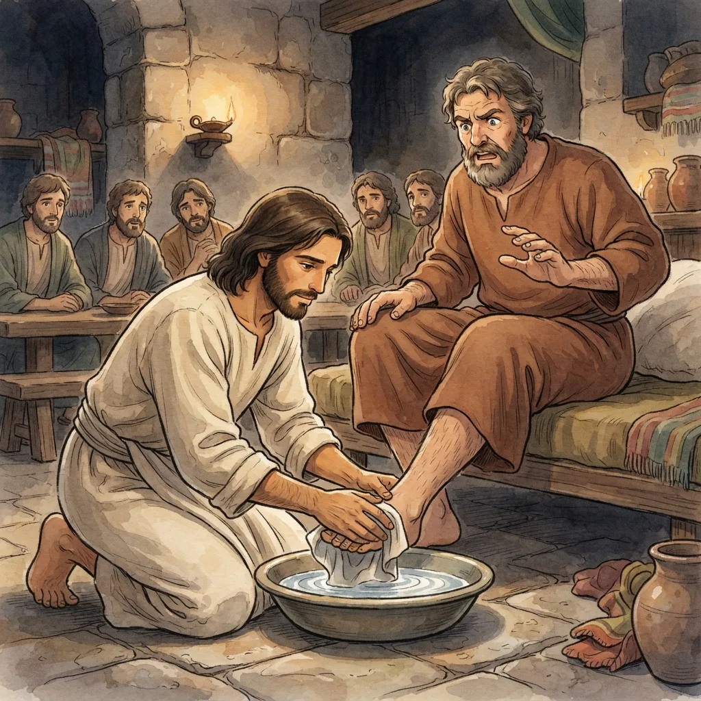 Jesus Washes His Disciples' Feet: a painted scene illustrating John 13.