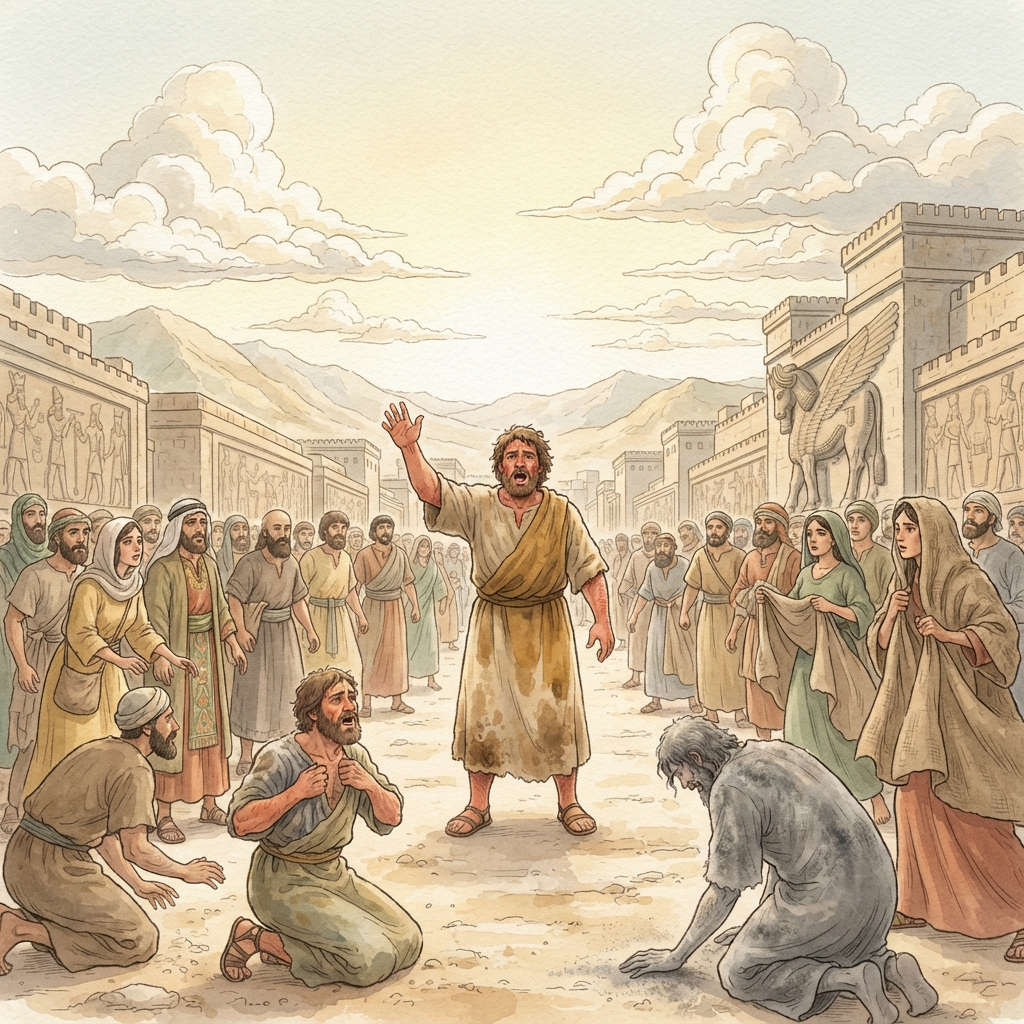 Nineveh Repents: a painted scene illustrating Jonah 3.