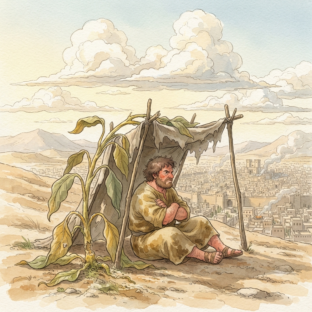 Jonah's Anger and God's Mercy: a painted scene illustrating Jonah 4.