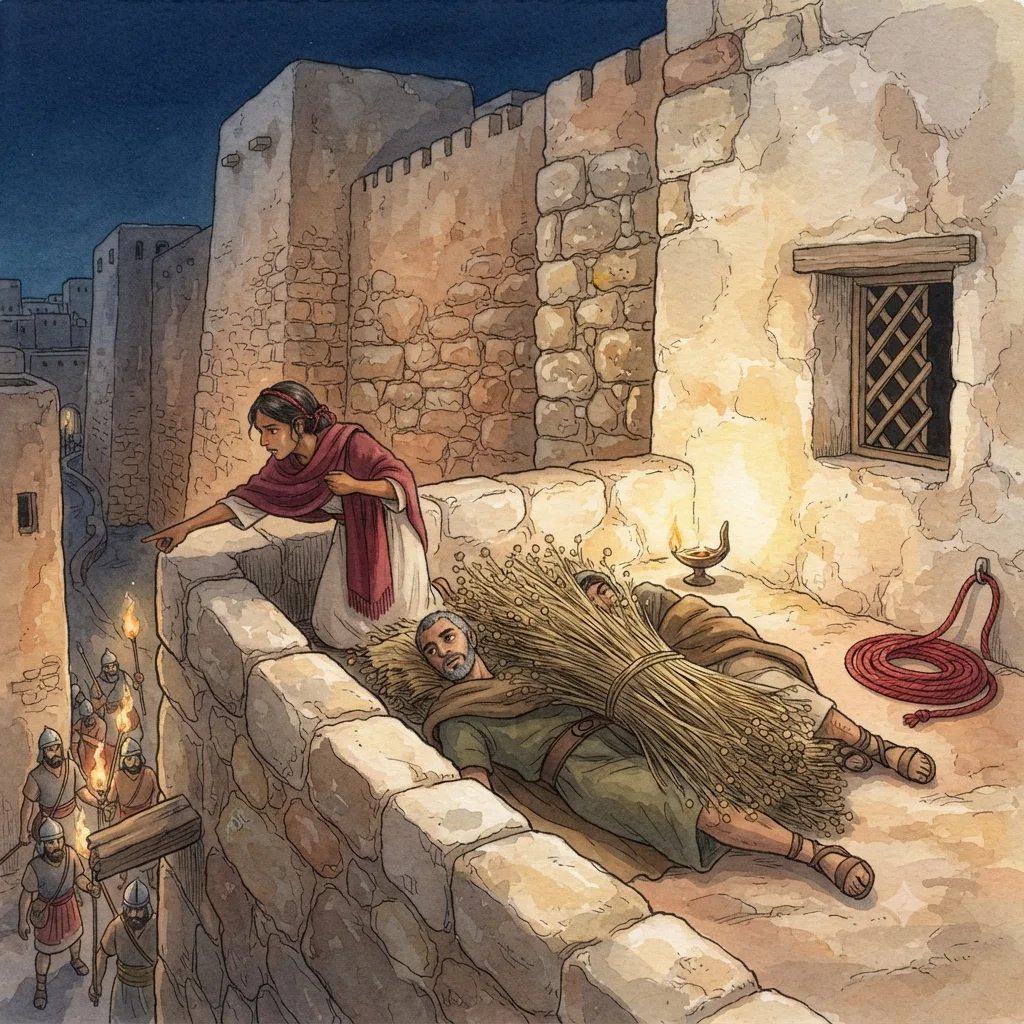 Rahab and the Spies: a painted scene illustrating Joshua 2.
