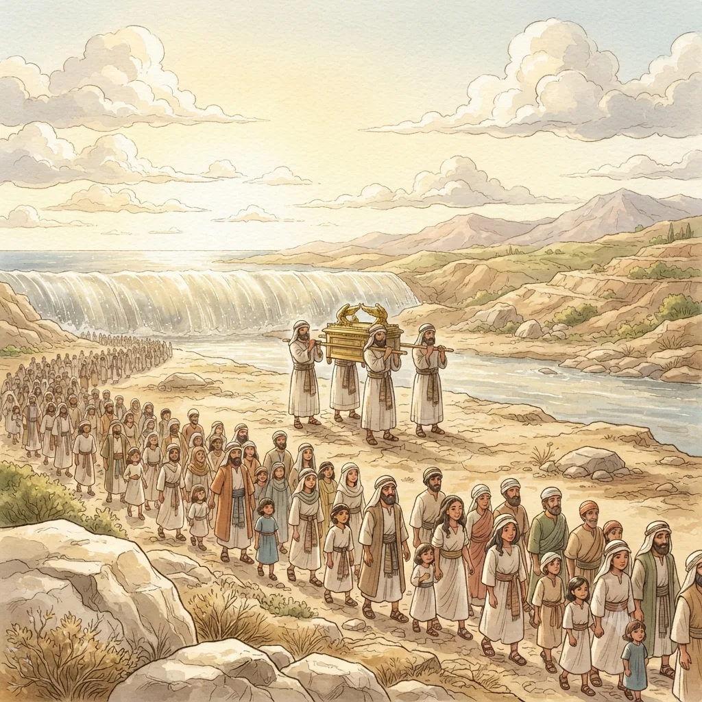 Crossing the Jordan: a painted scene illustrating Joshua 3.