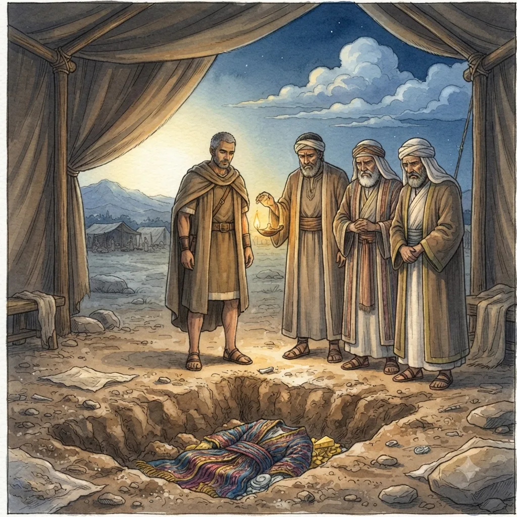 Achan's Sin: a painted scene illustrating Joshua 7.
