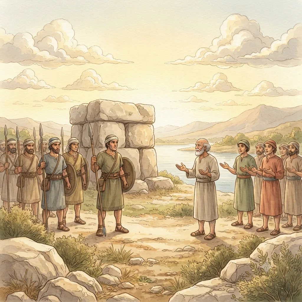 The Altar Beyond the Jordan: a painted scene illustrating Joshua 22.