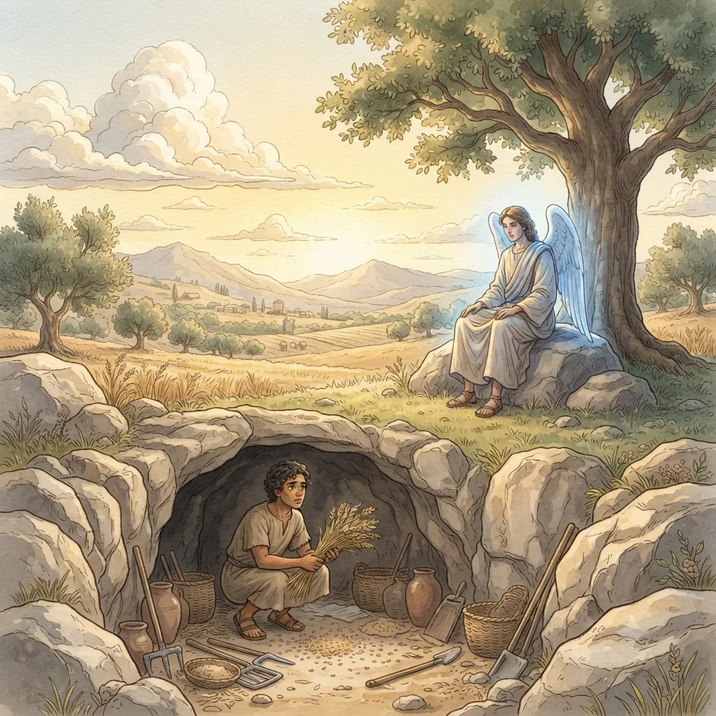 Gideon's Calling: a painted scene illustrating Judges 6.