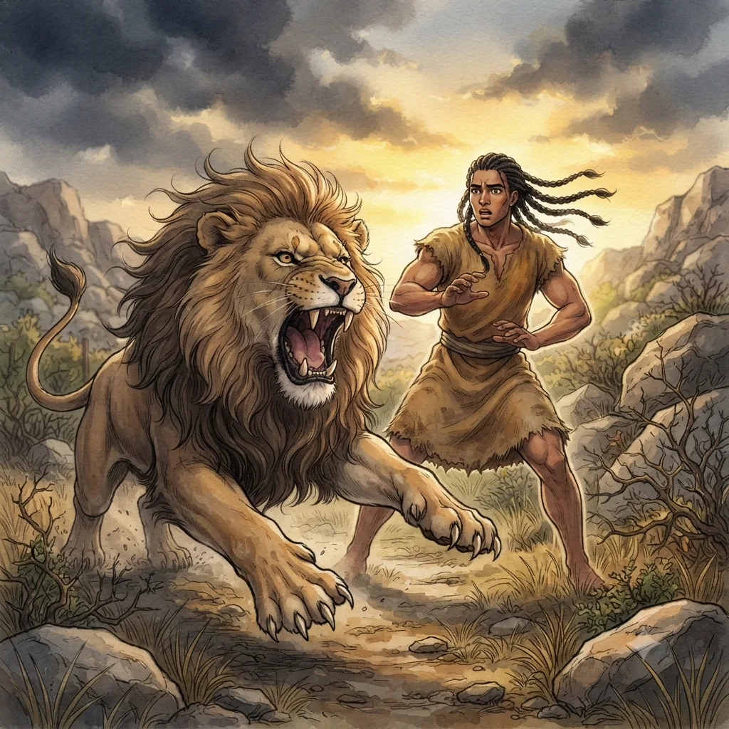 Samson and the Lion: a painted scene illustrating Judges 14.