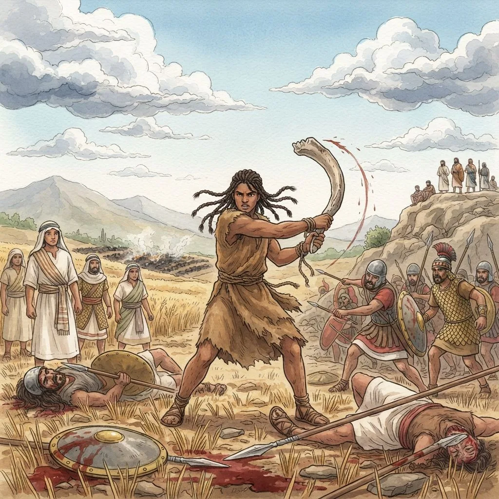 Samson's Great Victory: a painted scene illustrating Judges 15.