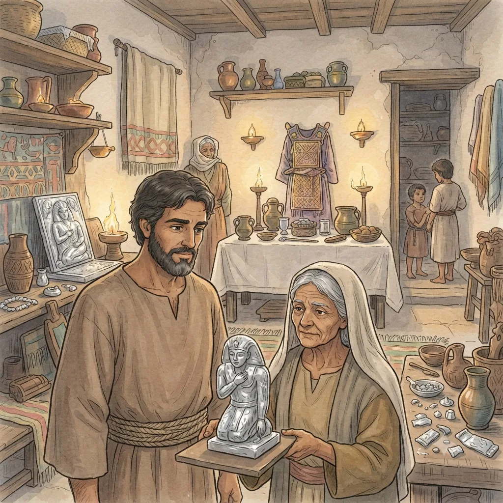 Micah's Idol: a painted scene illustrating Judges 17.