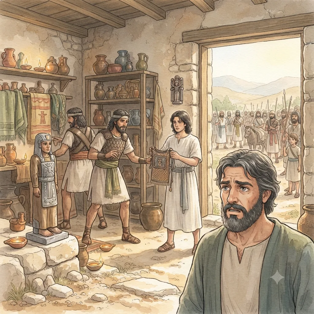 The Tribe of Dan's Idolatry: a painted scene illustrating Judges 18.