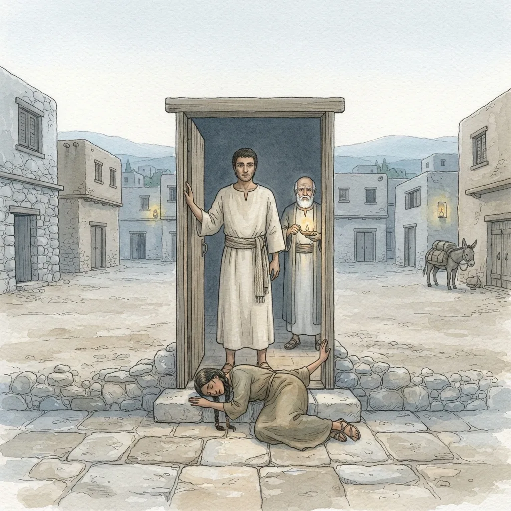 The Crime at Gibeah: a painted scene illustrating Judges 19.
