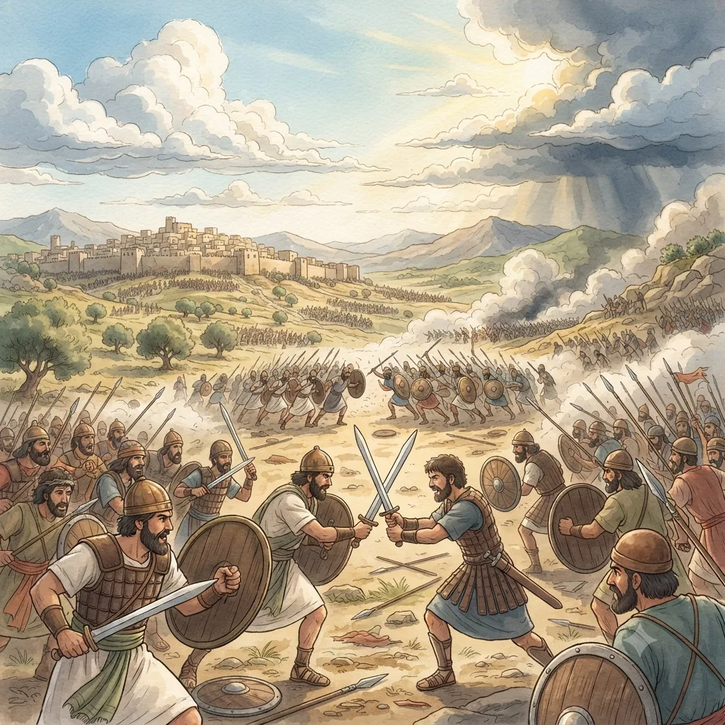 War against Benjamin: a painted scene illustrating Judges 20.