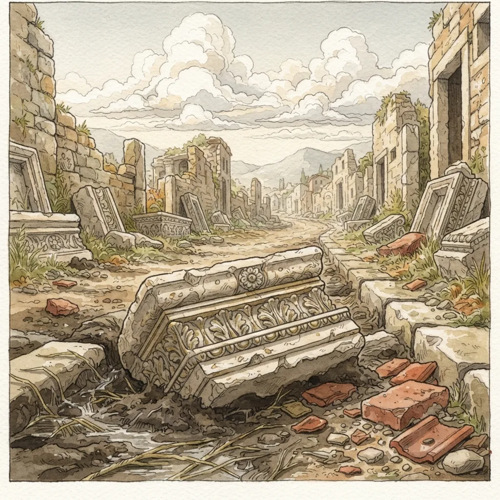 The Glory of Jerusalem Has Fallen: a painted scene illustrating Lamentations 4.