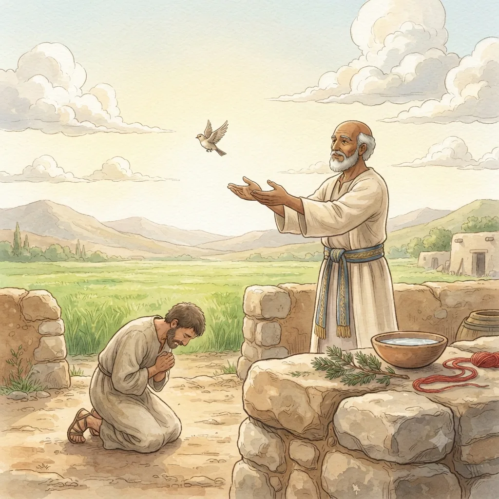 Cleansing from Disease: a painted scene illustrating Leviticus 14.