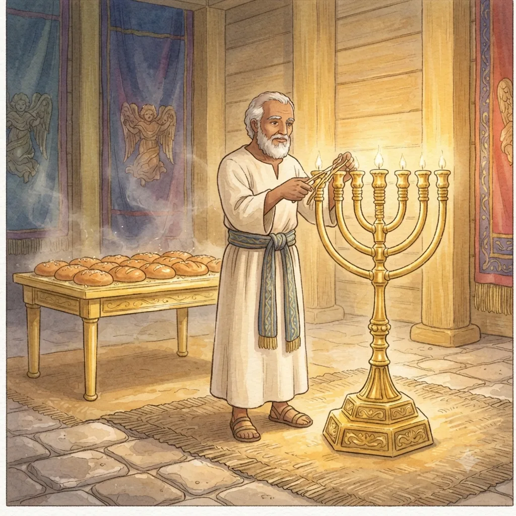 The Lamp, Bread and Blasphemer: a painted scene illustrating Leviticus 24.