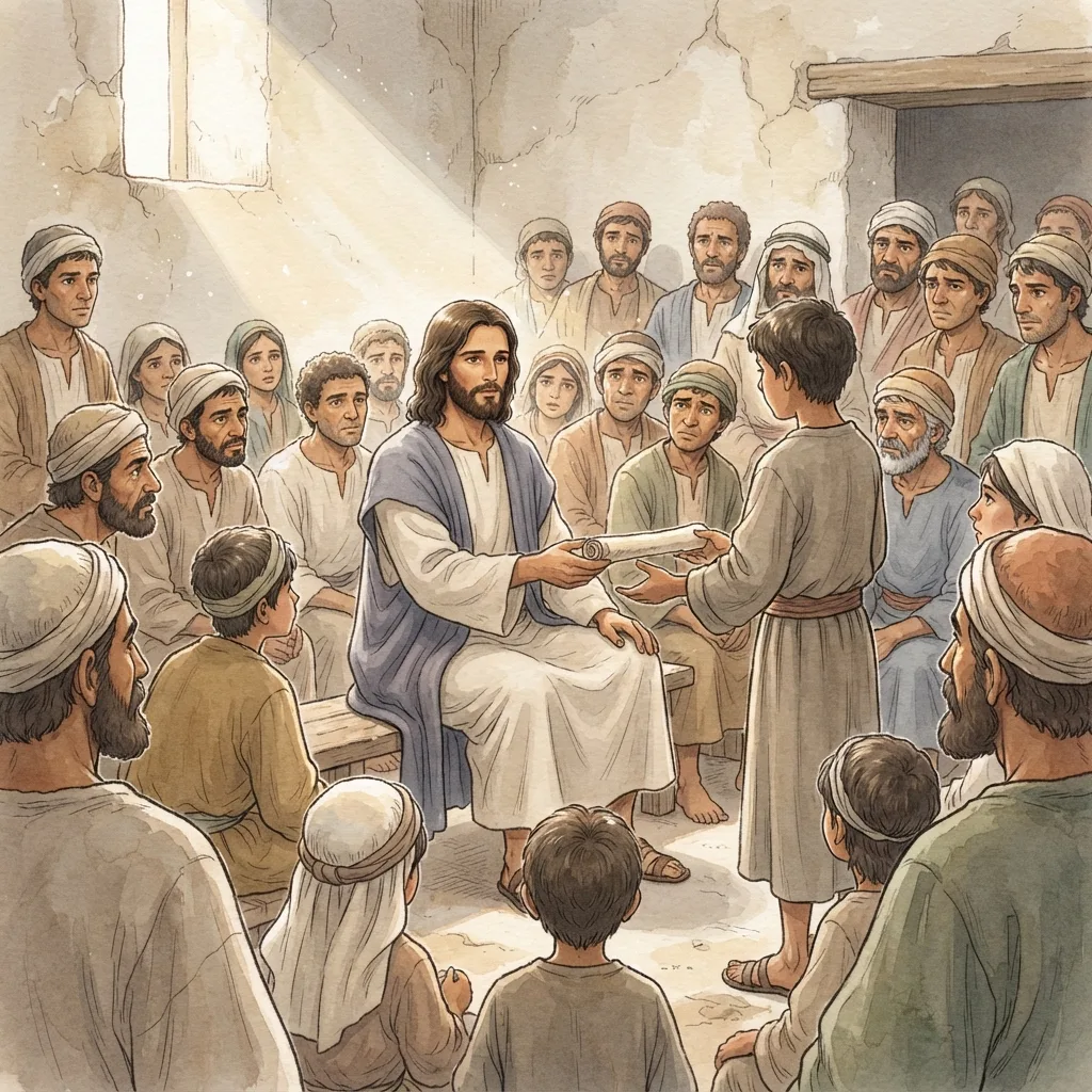 Jesus Begins His Ministry: a painted scene illustrating Luke 4.