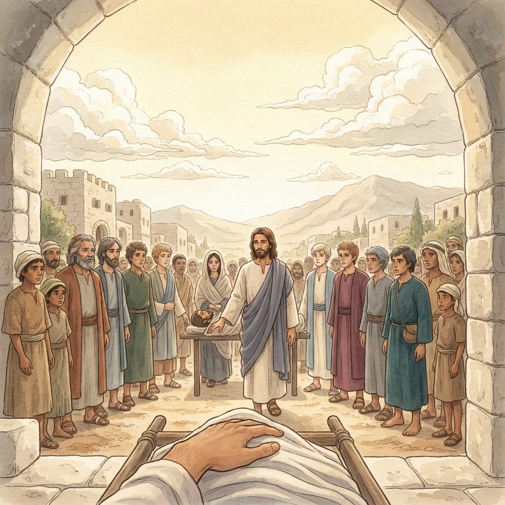 Jesus' Compassion and Authority: a painted scene illustrating Luke 7.