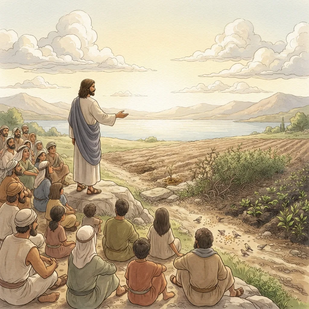 The Parable of the Sower: a painted scene illustrating Luke 8.