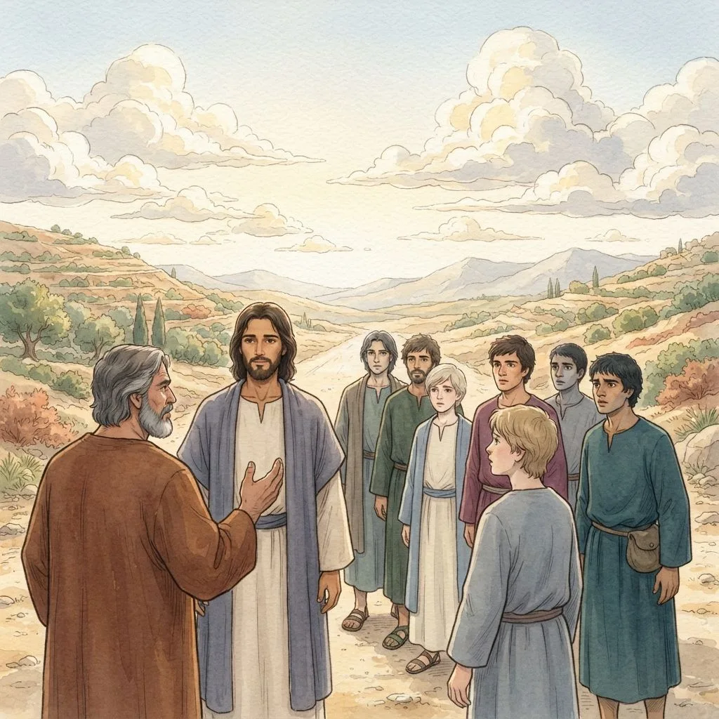 Peter Confesses Christ: a painted scene illustrating Luke 9.
