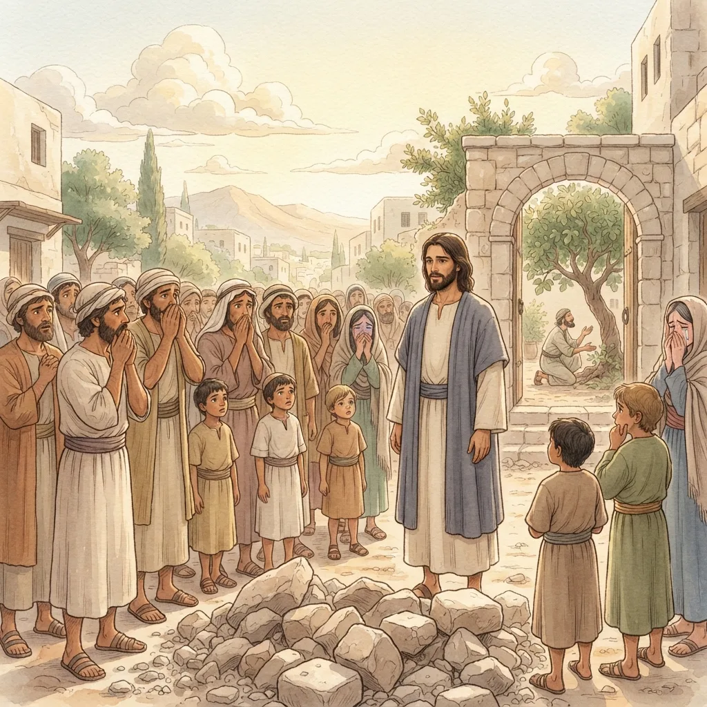 Repent or Perish: a painted scene illustrating Luke 13.