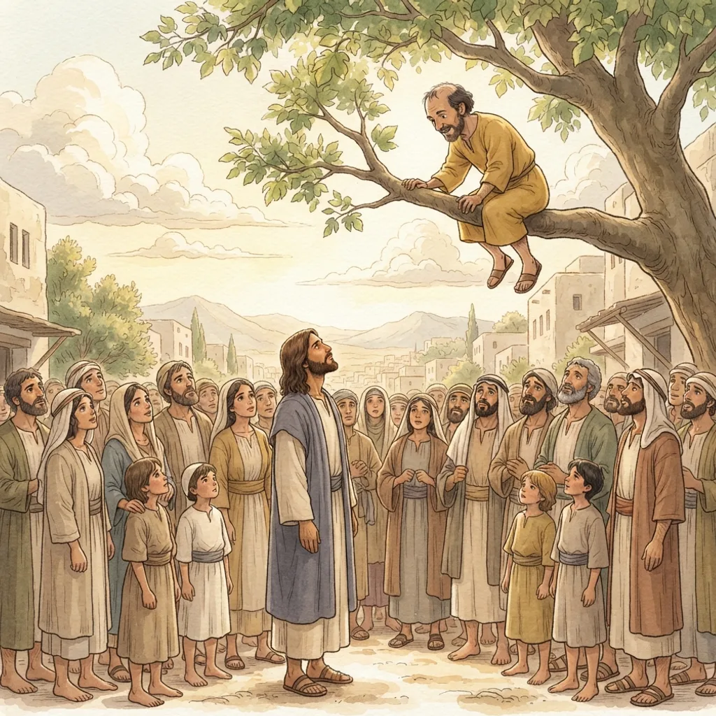 Zacchaeus and the Triumphal Entry: a painted scene illustrating Luke 19.