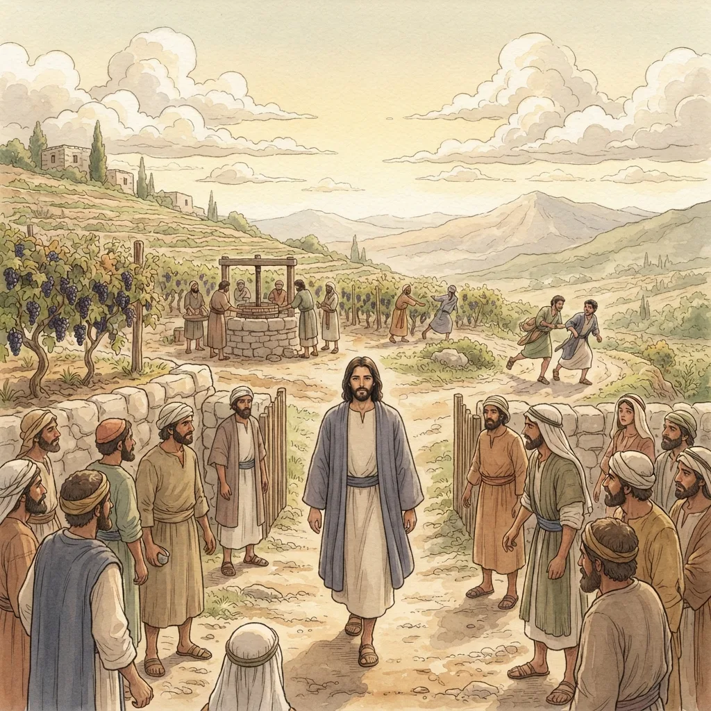 Jesus' Authority Challenged: a painted scene illustrating Luke 20.