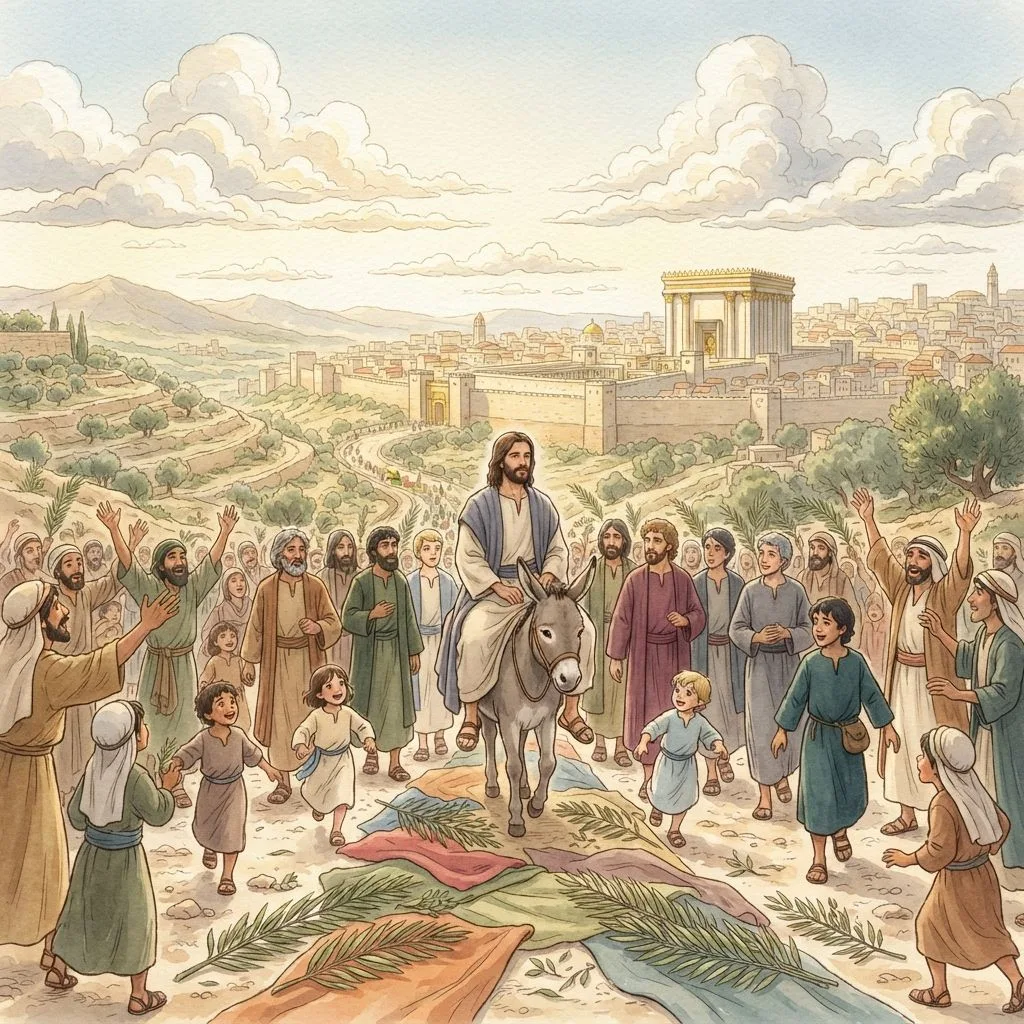 The Triumphal Entry: a painted scene illustrating Mark 11.