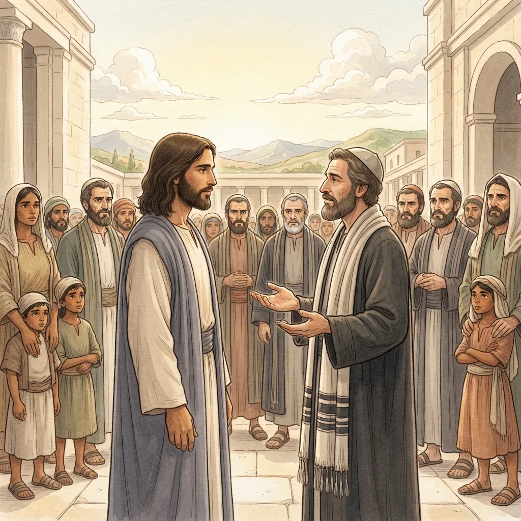 The Greatest Commandment: a painted scene illustrating Mark 12.