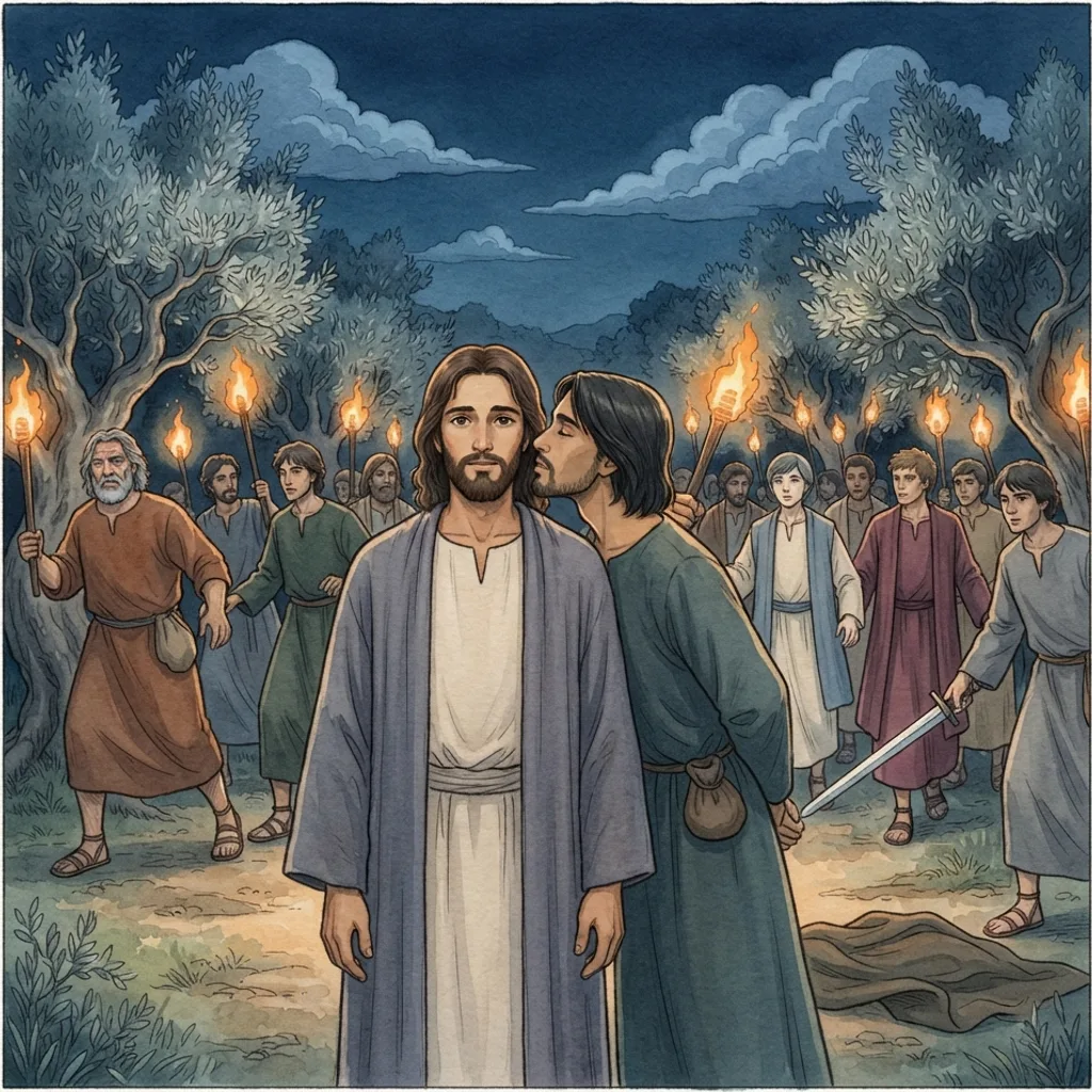 Jesus Is Betrayed and Arrested: a painted scene illustrating Mark 14.