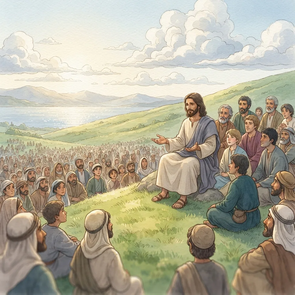 The Sermon on the Mount: Kingdom Righteousness: a painted scene illustrating Matthew 5.