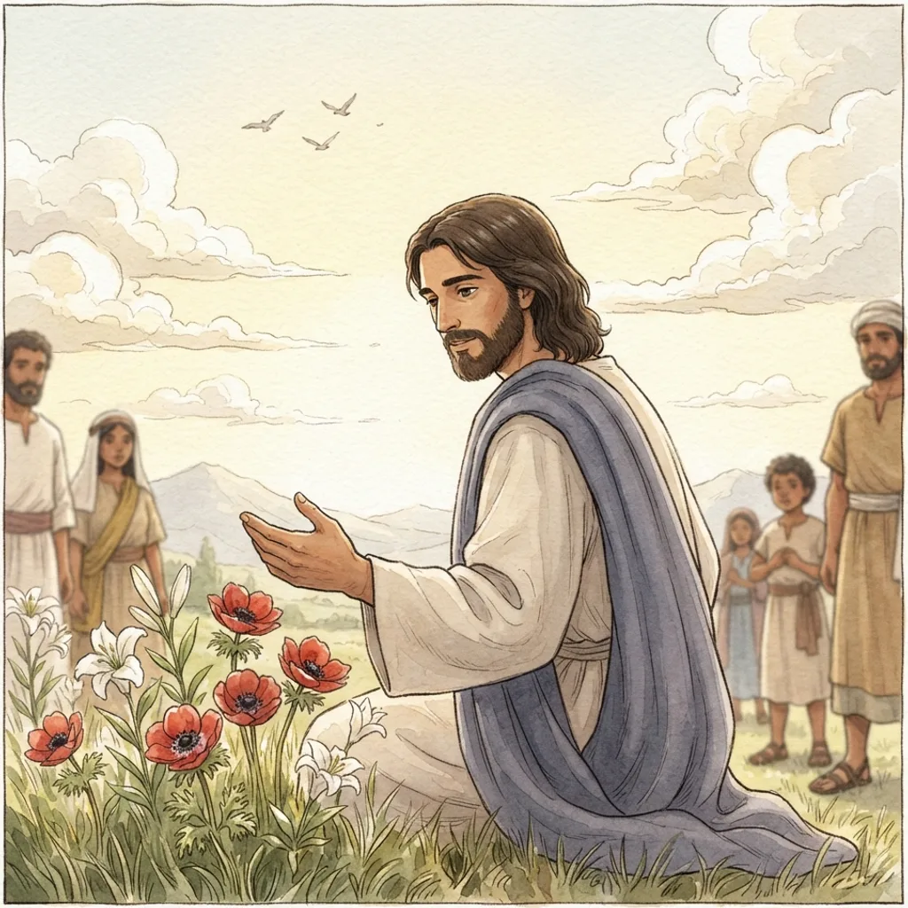 The Sermon on the Mount: Trusting God: a painted scene illustrating Matthew 6.