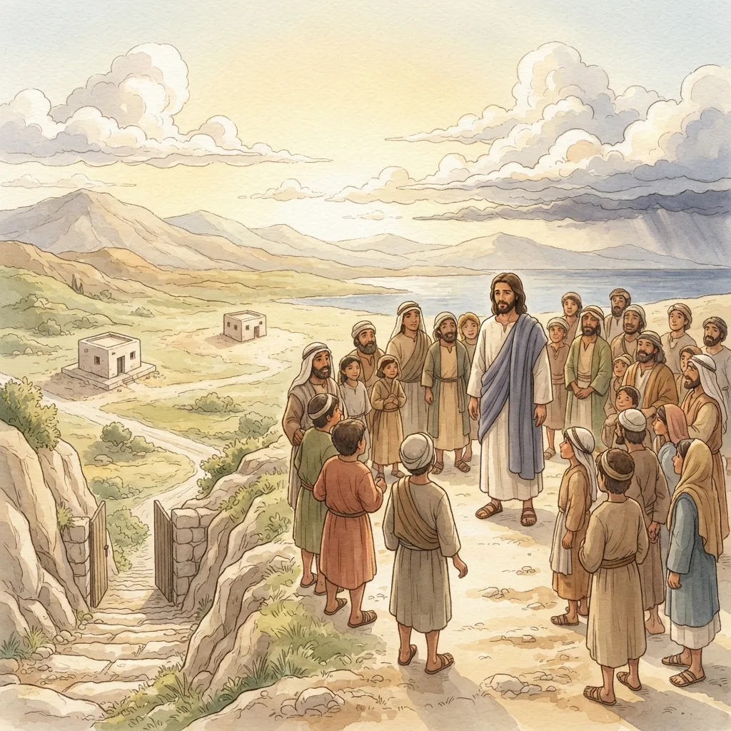 The Sermon on the Mount: Building on the Rock: a painted scene illustrating Matthew 7.