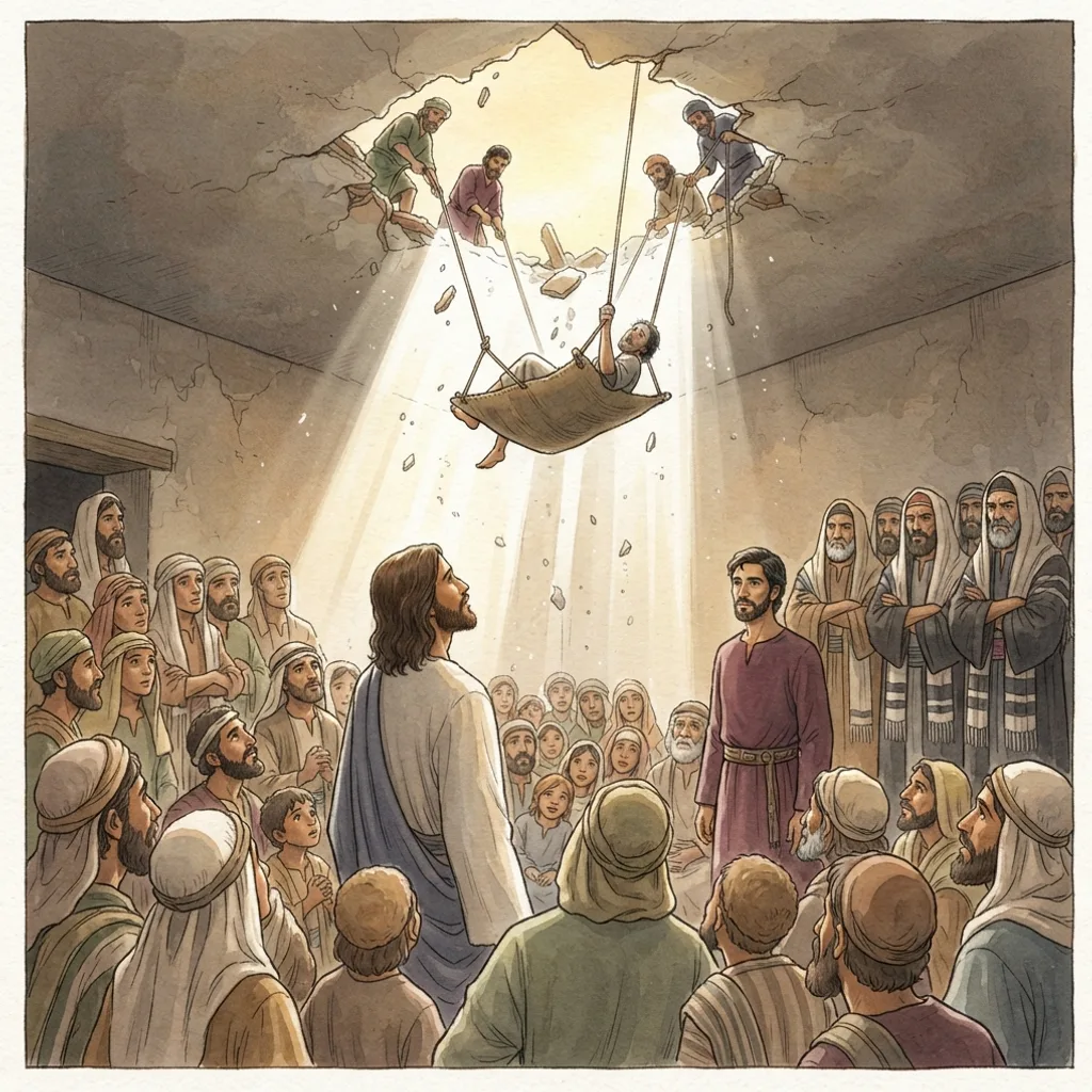 Jesus Forgives and Heals: a painted scene illustrating Matthew 9.