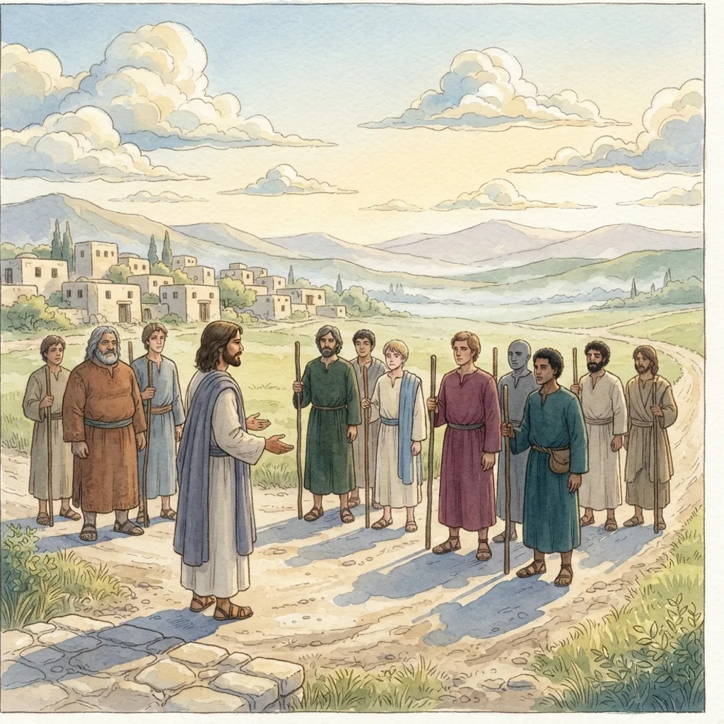 Jesus Sends the Twelve: a painted scene illustrating Matthew 10.