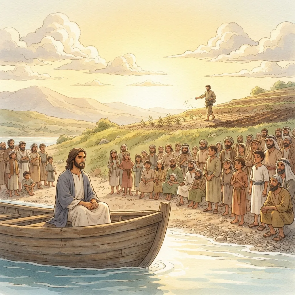 Parables of the Kingdom: a painted scene illustrating Matthew 13.