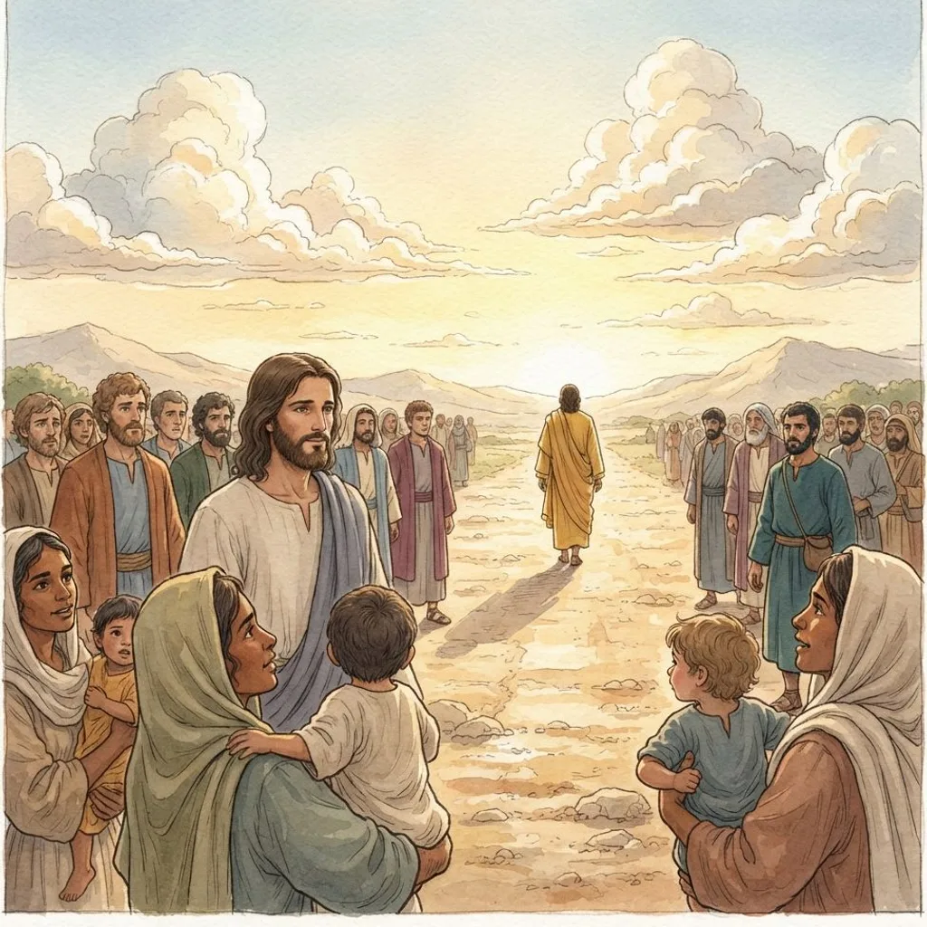Jesus Teaches on Marriage and Riches: a painted scene illustrating Matthew 19.
