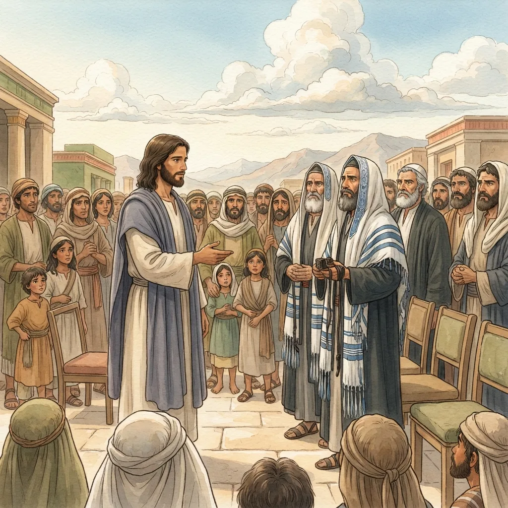 Woe to the Hypocrites: a painted scene illustrating Matthew 23.