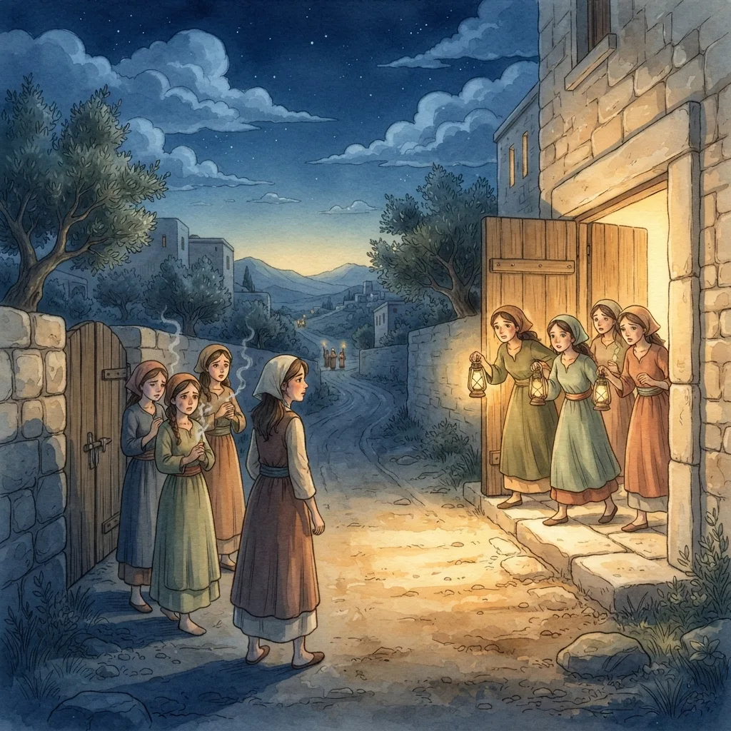 Ready for the King's Return: a painted scene illustrating Matthew 25.