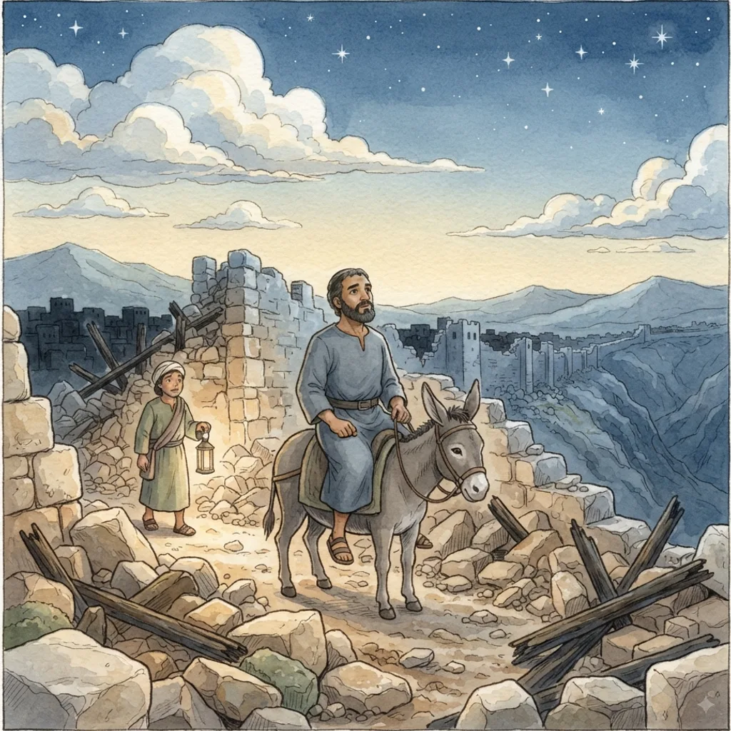 Nehemiah Rebuilds Jerusalem's Walls: a painted scene illustrating Nehemiah 2.