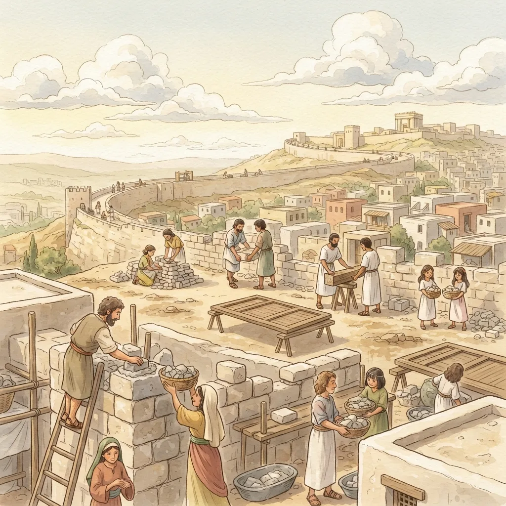 The Builders of the Wall: a painted scene illustrating Nehemiah 3.