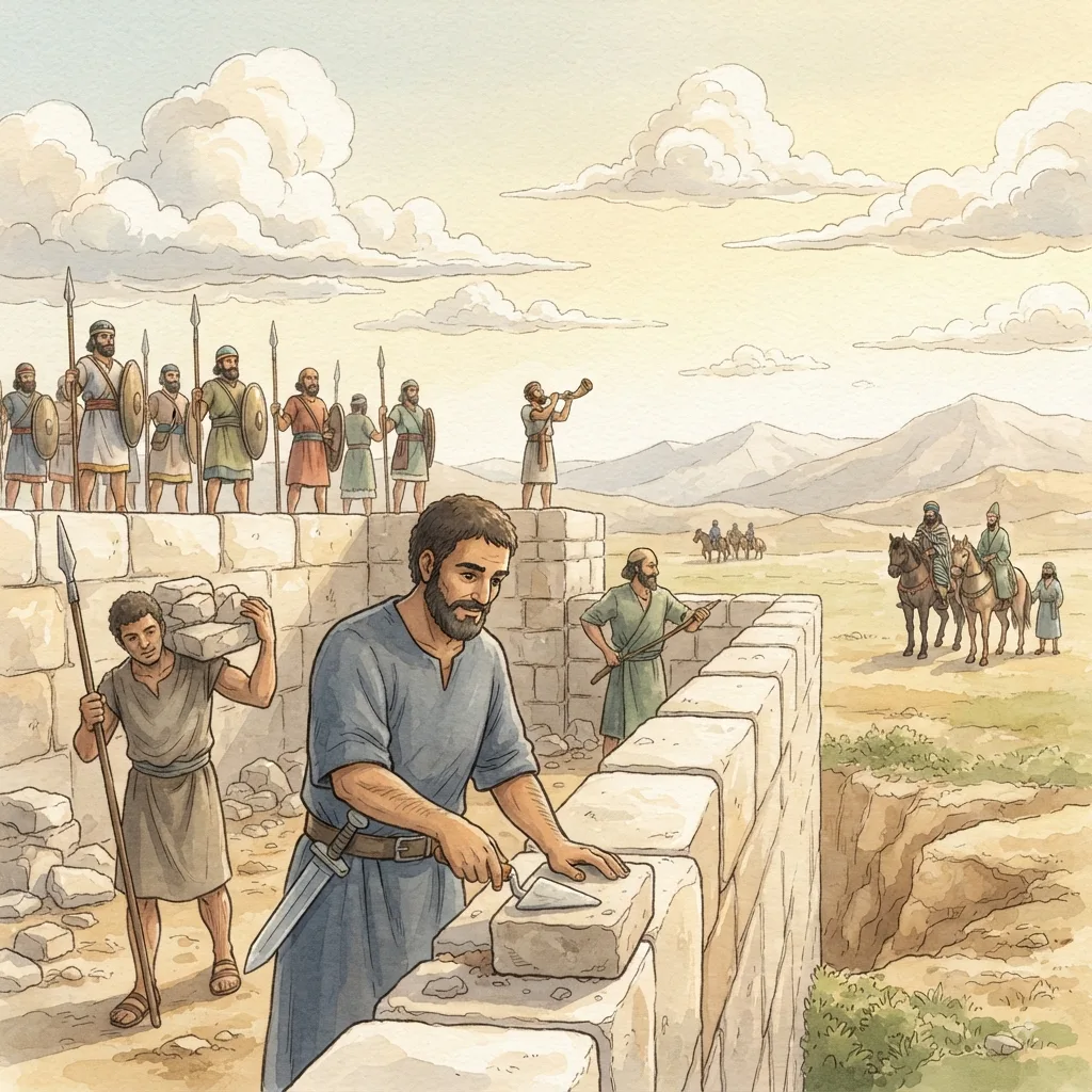 Building Under Threat: a painted scene illustrating Nehemiah 4.