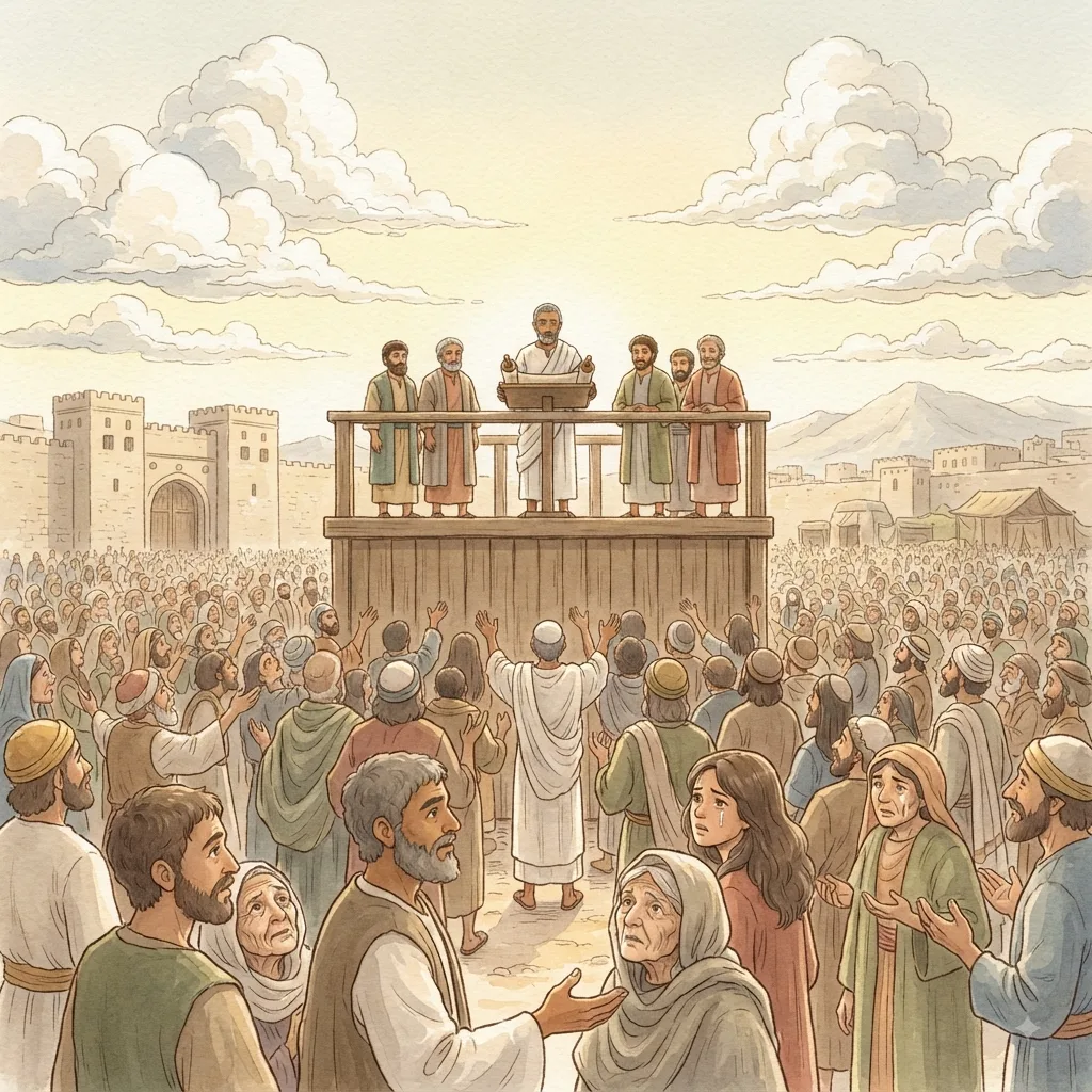 Ezra Reads the Law: a painted scene illustrating Nehemiah 8.