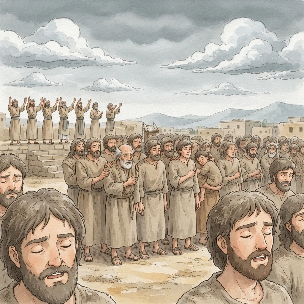 Israel Confesses Its Sin: a painted scene illustrating Nehemiah 9.