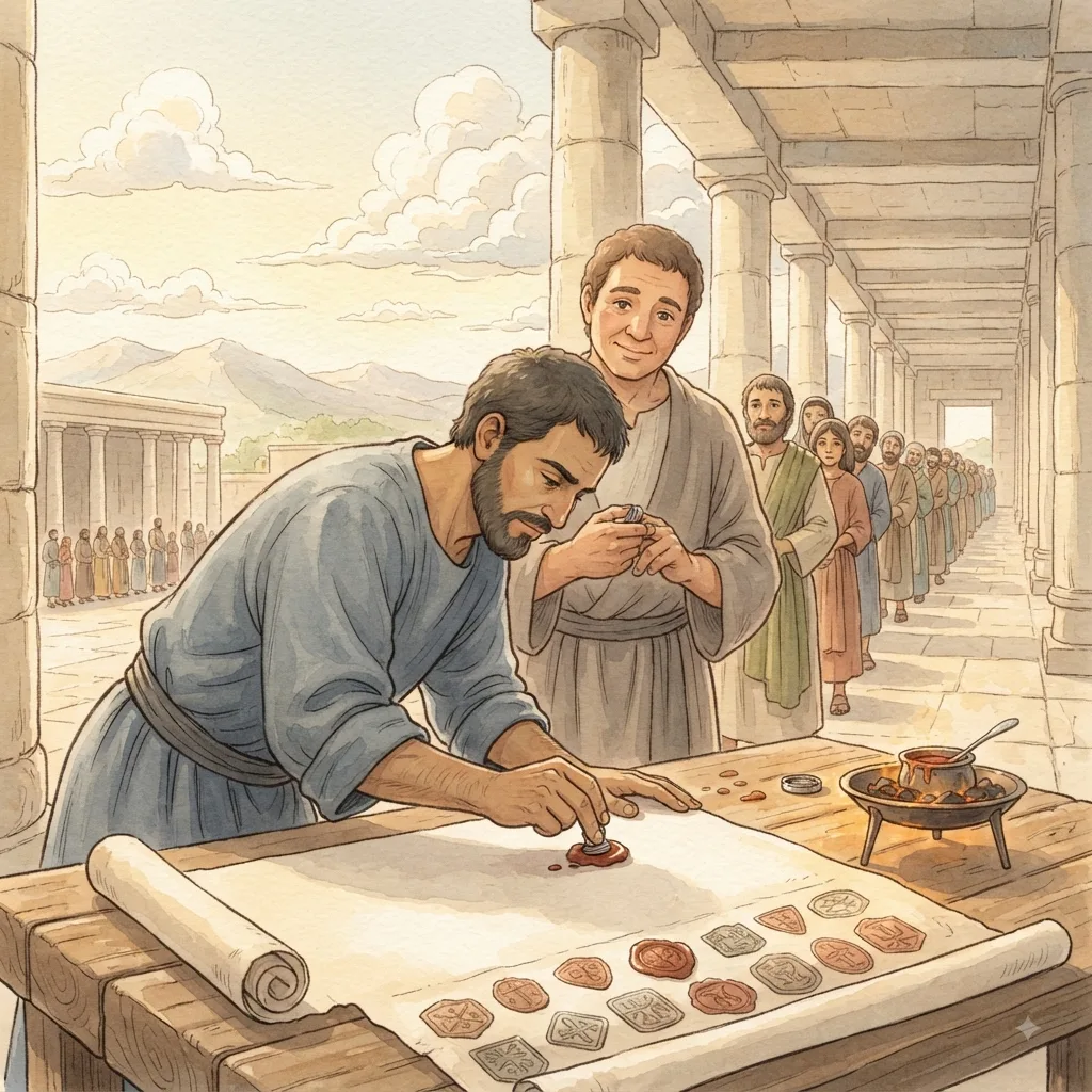 The Covenant Renewed: a painted scene illustrating Nehemiah 10.