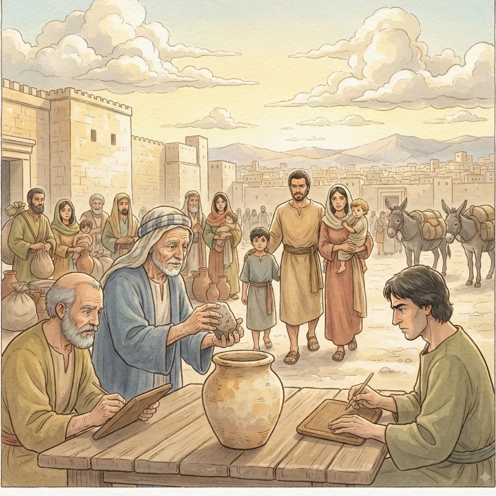 The People of Jerusalem: a painted scene illustrating Nehemiah 11.